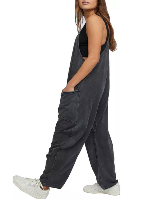 Black V-neck suspender pocket jumpsuit, side view