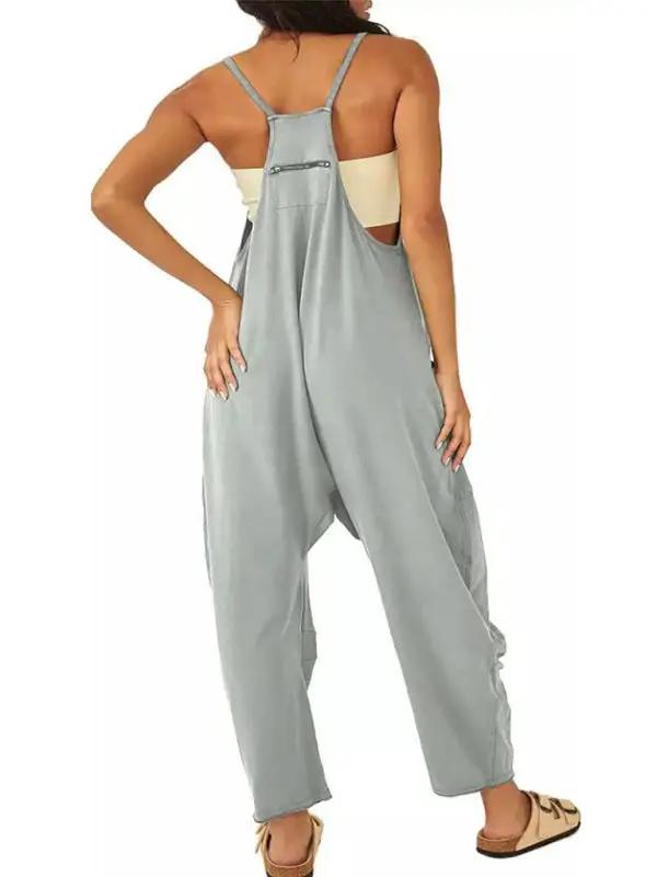 Gray V-neck suspender pocket jumpsuit, back view