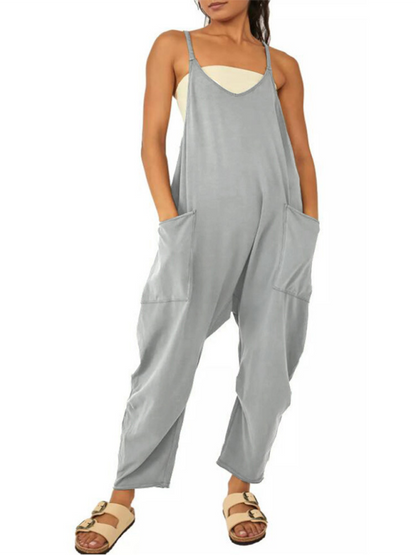 Gray V-neck suspender pocket jumpsuit, front view