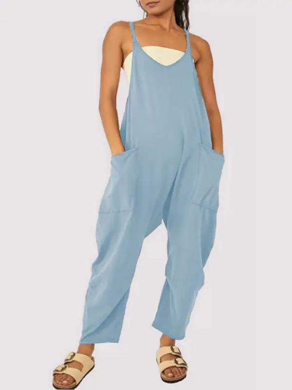 Blue V-neck suspender pocket jumpsuit, front view