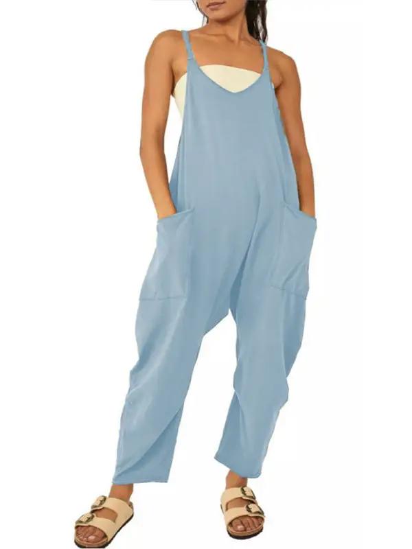 Blue V-neck suspender pocket jumpsuit, front view