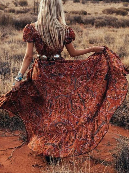 Sexy bedrucktes, kurzärmliges Bohemian-Resort-Kleid mit V-Ausschnitt für Damen (Gürtel nicht im Lieferumfang enthalten) 