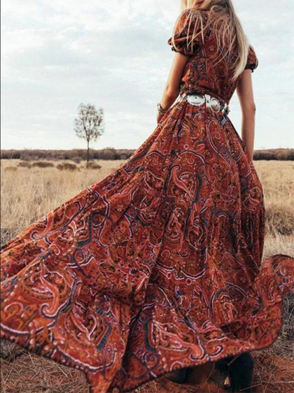 Sexy bedrucktes, kurzärmliges Bohemian-Resort-Kleid mit V-Ausschnitt für Damen (Gürtel nicht im Lieferumfang enthalten) 