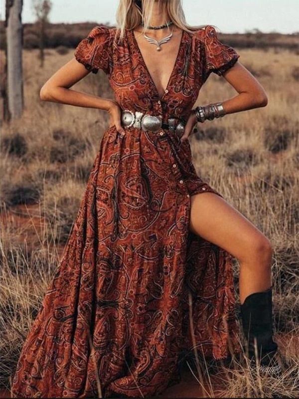 Sexy bedrucktes, kurzärmliges Bohemian-Resort-Kleid mit V-Ausschnitt für Damen (Gürtel nicht im Lieferumfang enthalten) 
