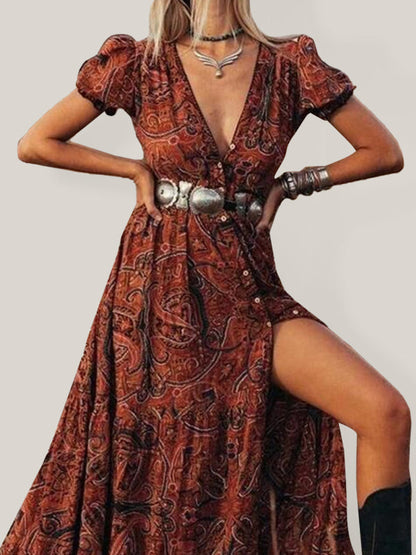 Sexy bedrucktes, kurzärmliges Bohemian-Resort-Kleid mit V-Ausschnitt für Damen (Gürtel nicht im Lieferumfang enthalten) 
