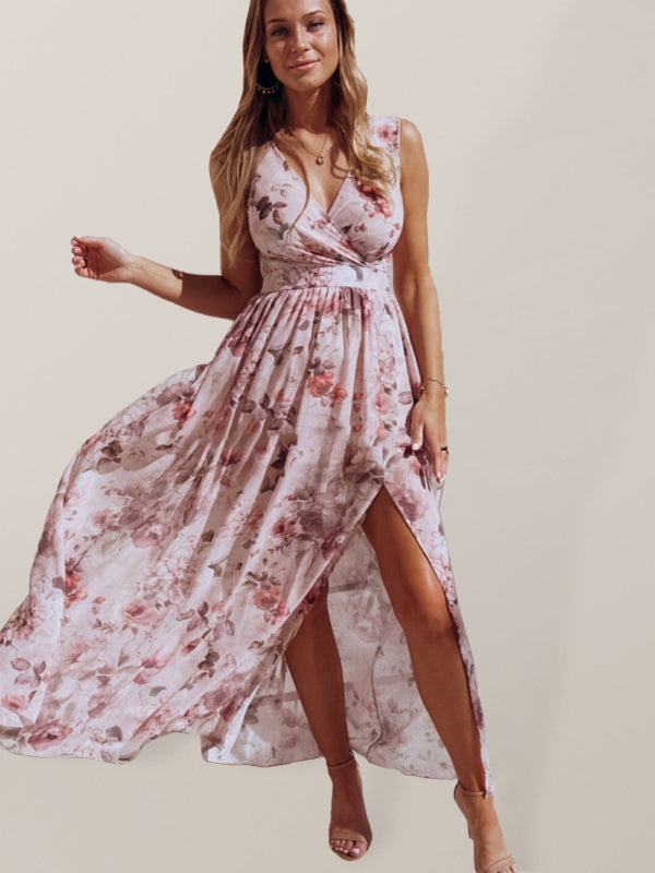 Robe élégante en mousseline de soie à imprimé floral, sans manches, robe longue fendue sur la plage pour les vacances 