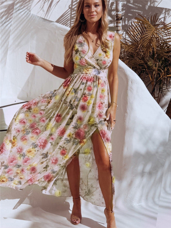 Elegantes Chiffonkleid mit Blumendruck, ärmelloses Urlaubs-Strand-Maxikleid mit Schlitz 