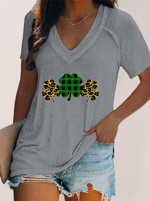 Kurzärmliges T-Shirt mit V-Ausschnitt und Kleeblatt-Print für Damen