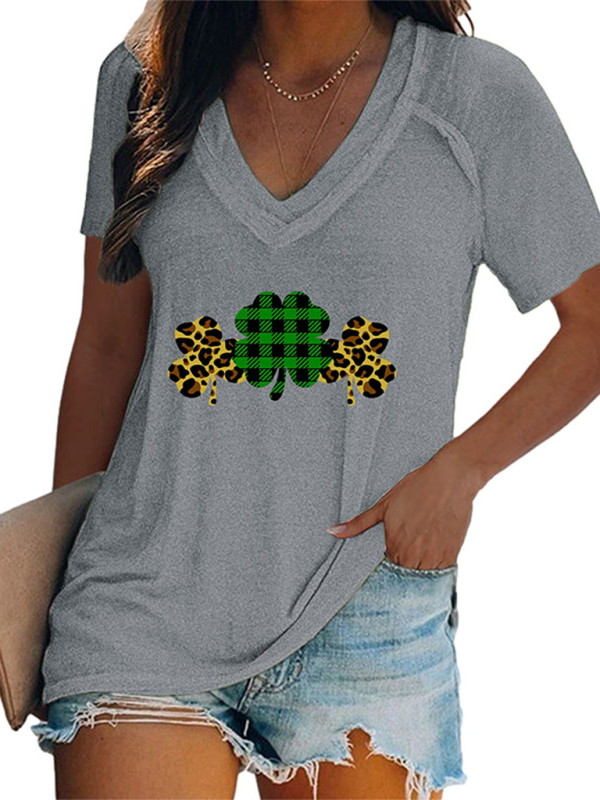 Kurzärmliges T-Shirt mit V-Ausschnitt und Kleeblatt-Print für Damen