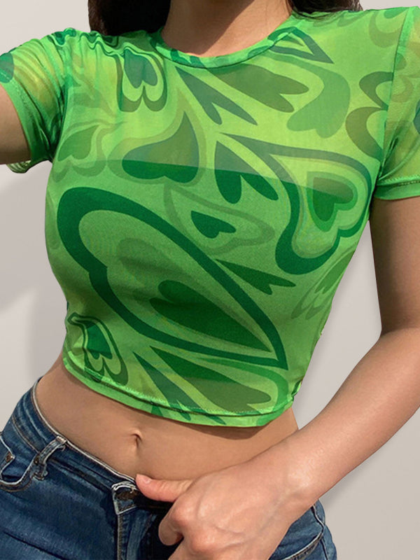 Sexy, durchsichtiges, kurzärmliges T-Shirt-Oberteil aus Love Mesh für Damen mit Rundhalsausschnitt 