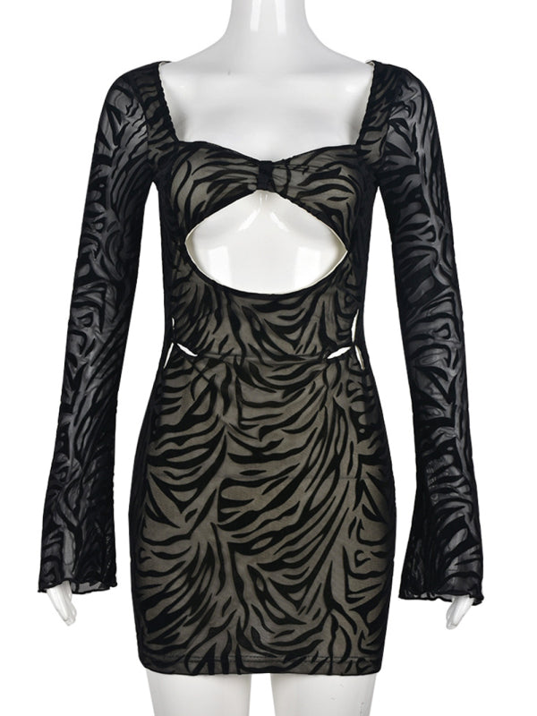 Robe sexy à manches longues en maille floquée imprimé zèbre pour femme 