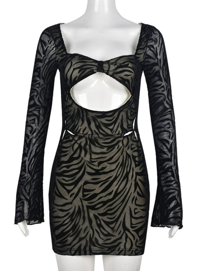 Robe sexy à manches longues en maille floquée imprimé zèbre pour femme 