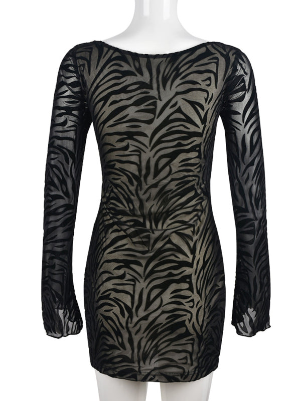 Robe sexy à manches longues en maille floquée imprimé zèbre pour femme 