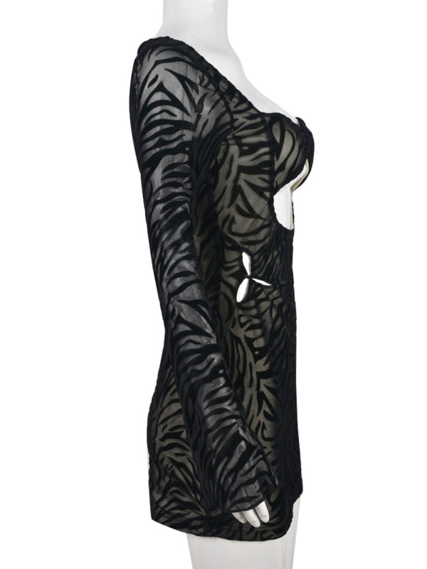 Robe sexy à manches longues en maille floquée imprimé zèbre pour femme 