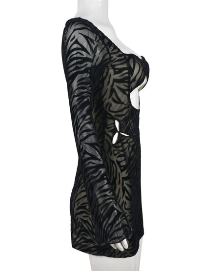 Robe sexy à manches longues en maille floquée imprimé zèbre pour femme 