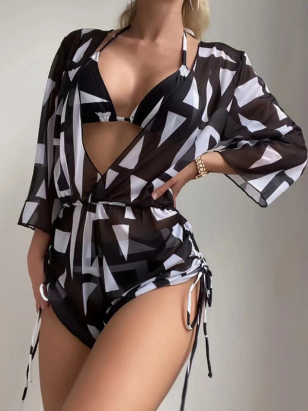 Damen-Bikini mit tropischem Aufdruck, tiefer V-Ausschnitt, lange Ärmel, dreiteiliges Set 