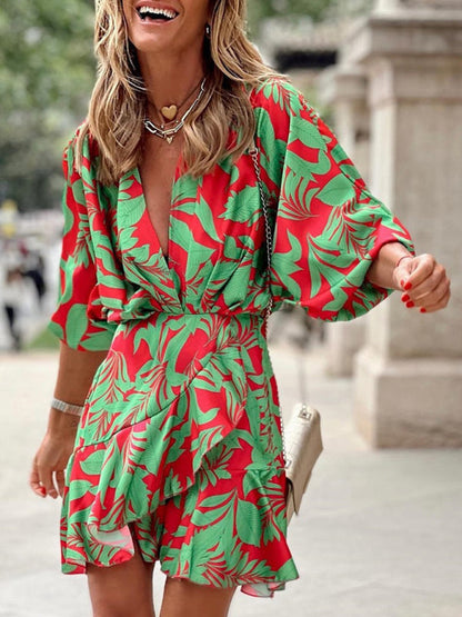 Robe imprimée à manches bouffantes en V profond pour femmes, robe élégante en feuille de Lotus 