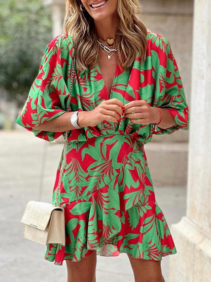 Robe imprimée à manches bouffantes en V profond pour femmes, robe élégante en feuille de Lotus 