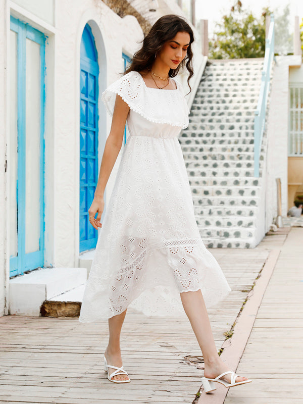 Robe longue en dentelle de couleur unie pour femmes, épaules dénudées 