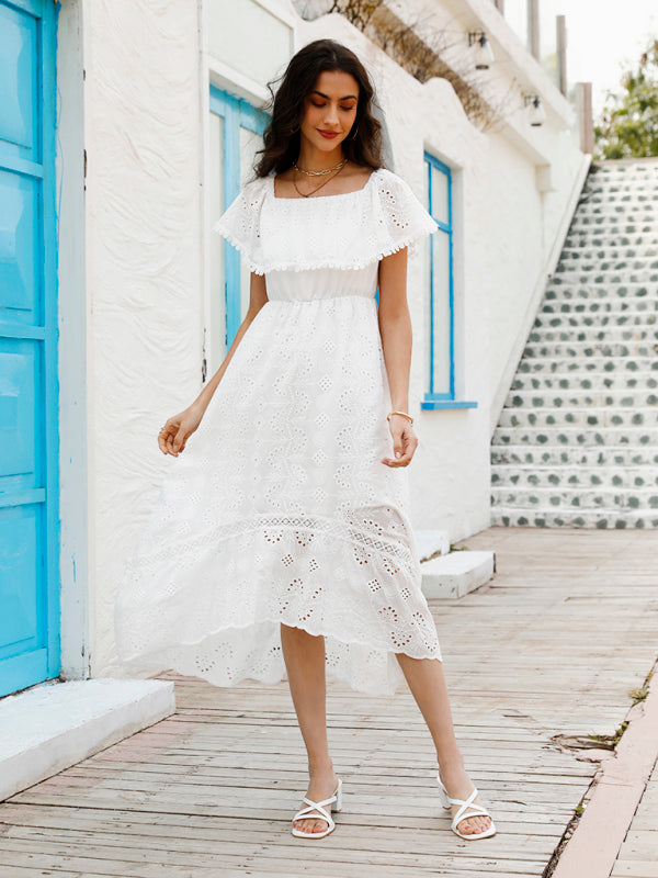 Robe longue en dentelle de couleur unie pour femmes, épaules dénudées 