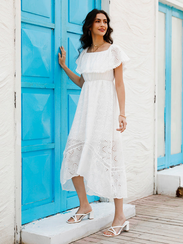 Robe longue en dentelle de couleur unie pour femmes, épaules dénudées 