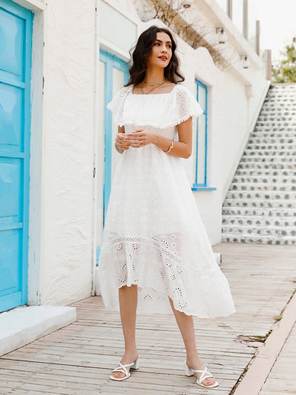 Robe longue en dentelle de couleur unie pour femmes, épaules dénudées 