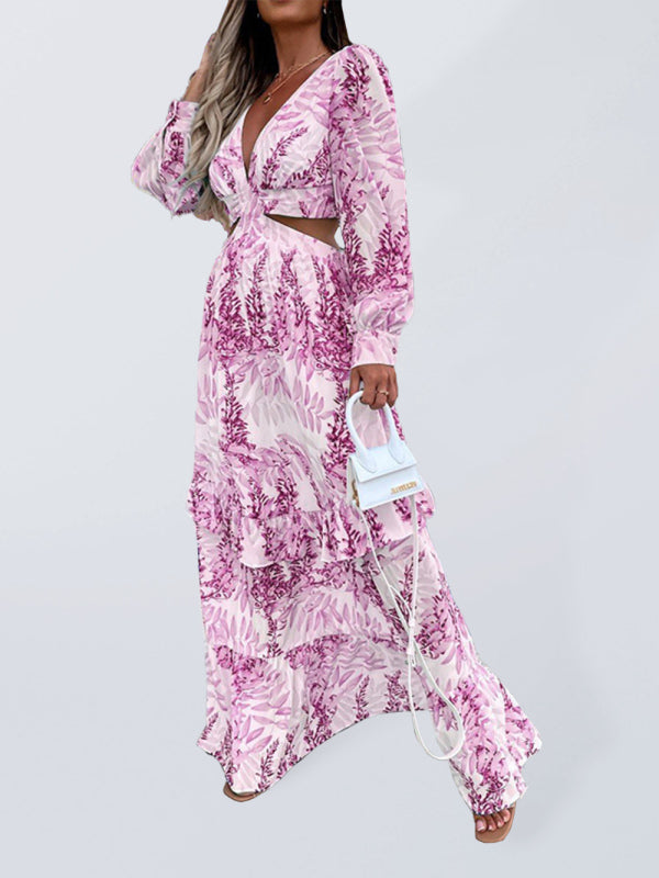 Robe sexy à manches longues, col en v, design creux imprimé, vacances, nouvelle collection 