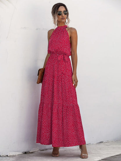New polka dot print halter neck tie dress dress