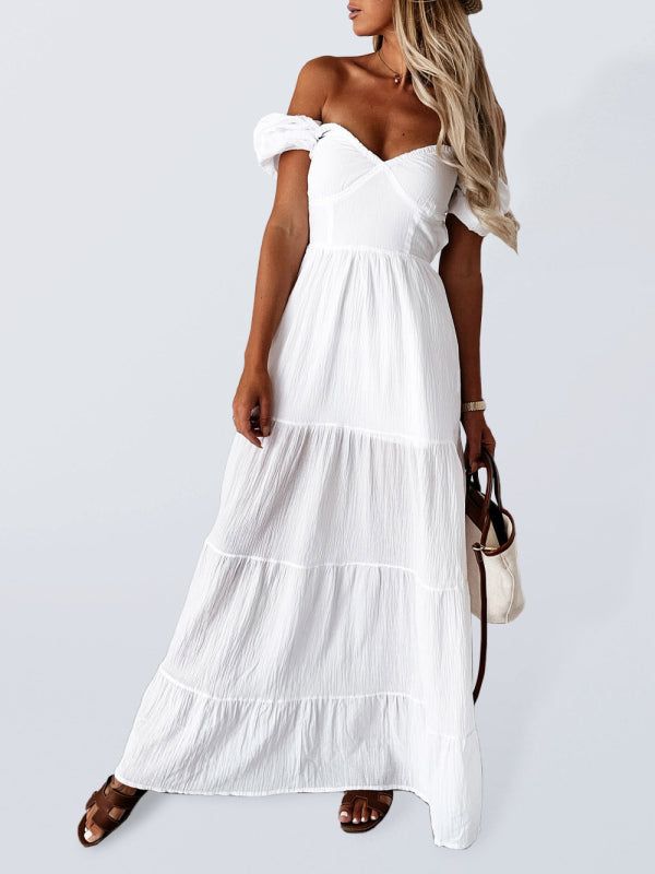 Robe taille haute à manches courtes, épaules dénudées, couleur unie, dos nu, bretelles, nouveau style 