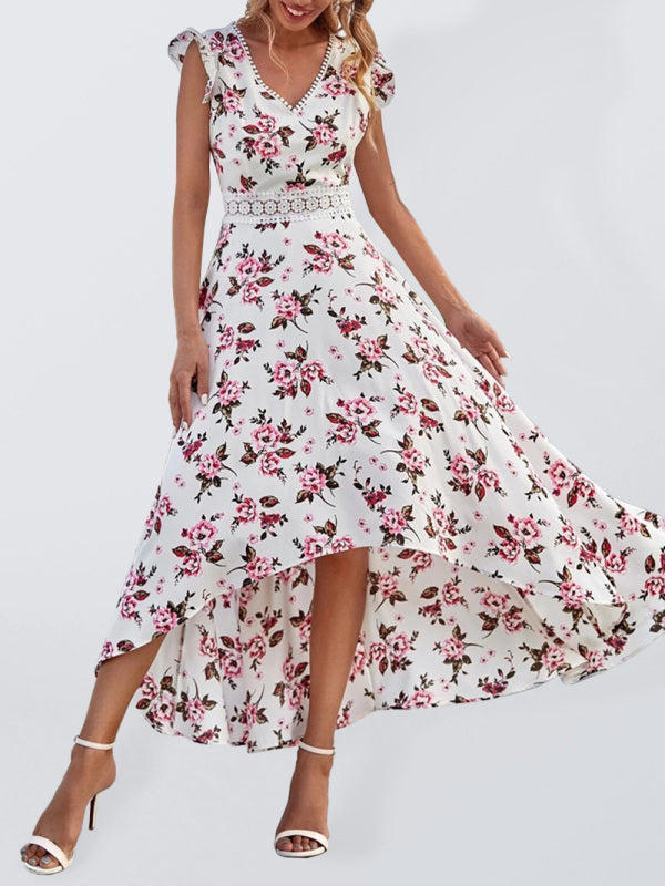 Robe en mousseline de soie, imprimé Floral, col en v, manches flottantes, haut-bas, pour femmes 