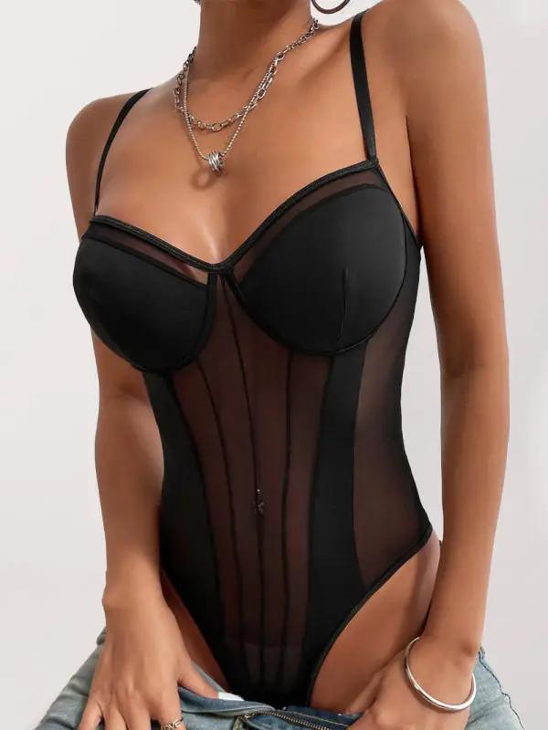 Combinaison sexy transparente, dos nu, en dentelle, avec coutures en maille, pour femmes 