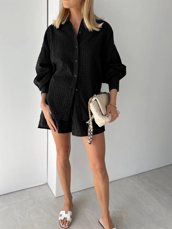 Shirt Jacquard Puff Sleeve Top Shorts Commuter Casual Suit