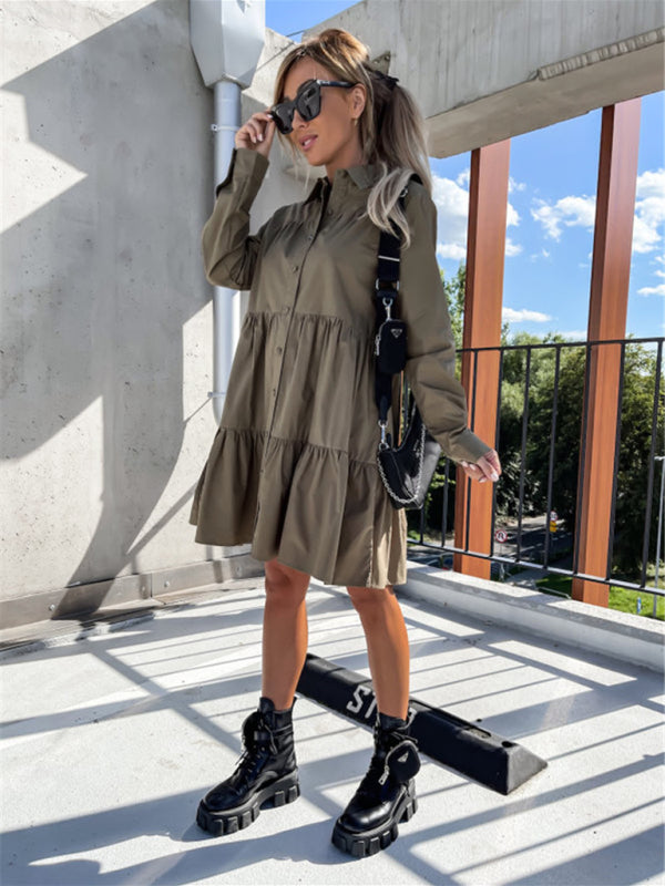 Europäisches und amerikanisches einfarbiges Hemdkleid mit lockerem Temperament für Damen 