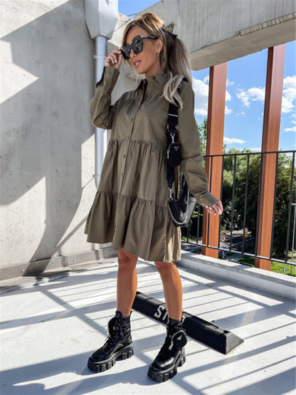 Europäisches und amerikanisches einfarbiges Hemdkleid mit lockerem Temperament für Damen 