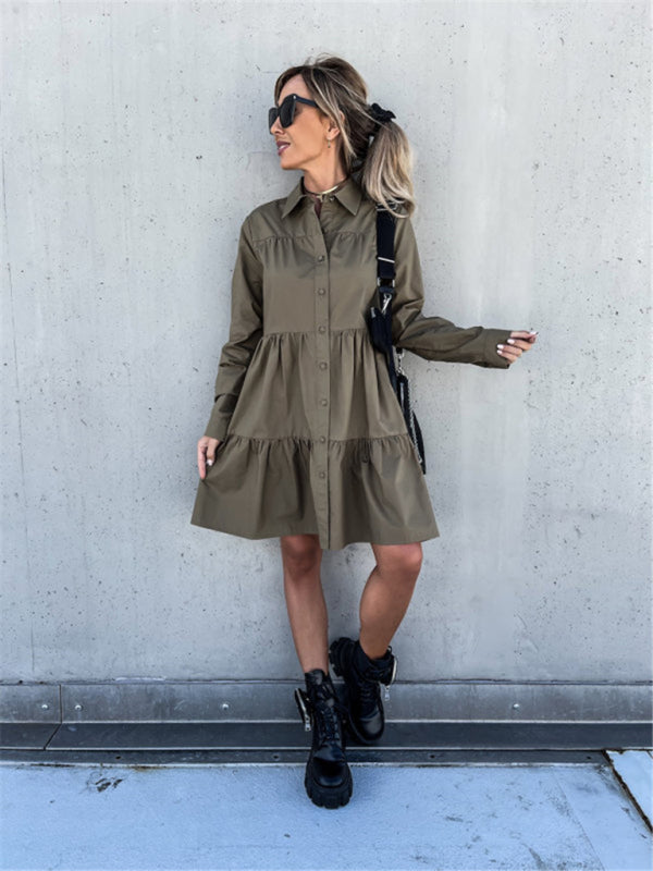 Europäisches und amerikanisches einfarbiges Hemdkleid mit lockerem Temperament für Damen 