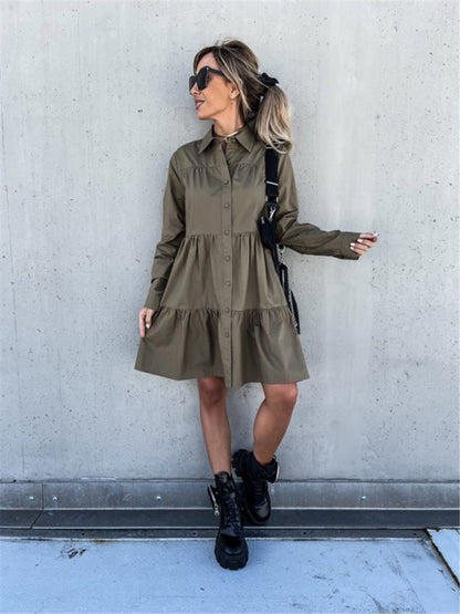 Europäisches und amerikanisches einfarbiges Hemdkleid mit lockerem Temperament für Damen 