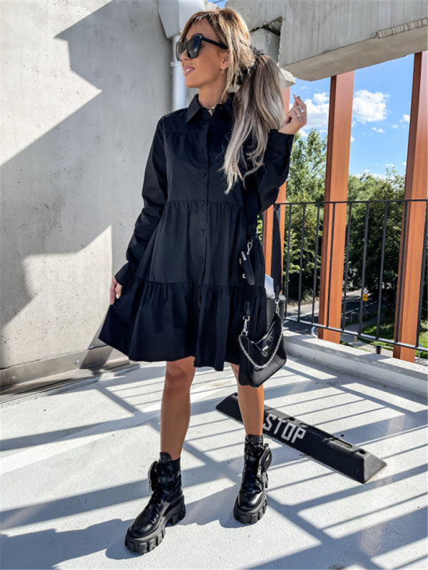 Europäisches und amerikanisches einfarbiges Hemdkleid mit lockerem Temperament für Damen 