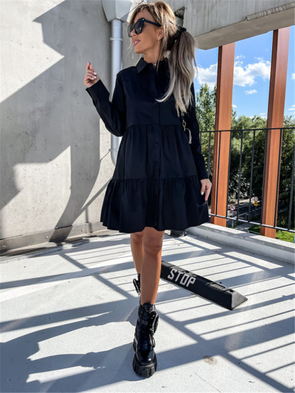 Europäisches und amerikanisches einfarbiges Hemdkleid mit lockerem Temperament für Damen 