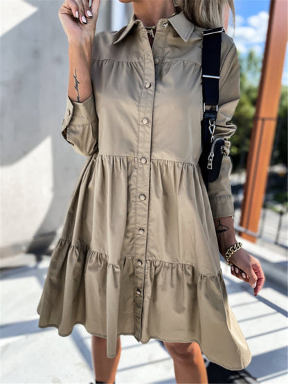 Europäisches und amerikanisches einfarbiges Hemdkleid mit lockerem Temperament für Damen 