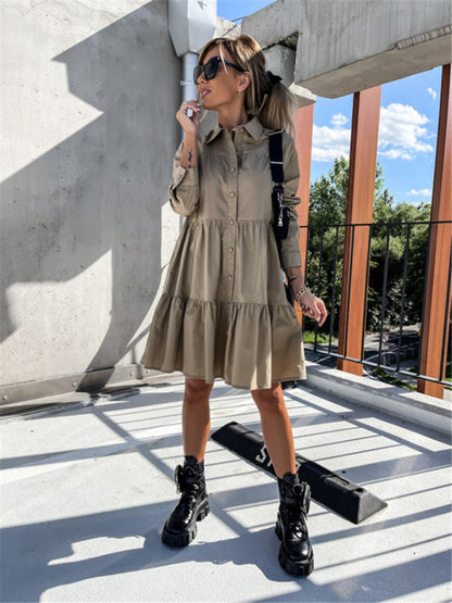 Europäisches und amerikanisches einfarbiges Hemdkleid mit lockerem Temperament für Damen 