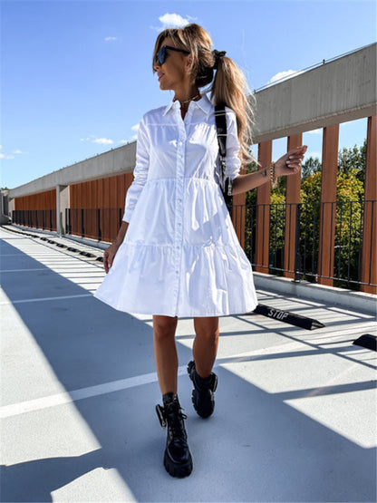 Europäisches und amerikanisches einfarbiges Hemdkleid mit lockerem Temperament für Damen 