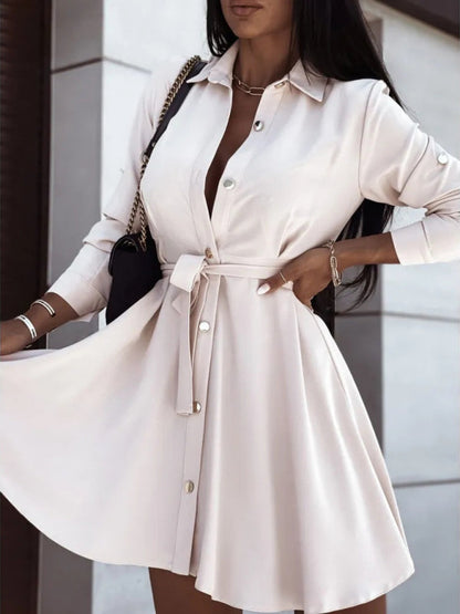 Europäisches und amerikanisches Damen-Hemdkleid mit Reversknopf und Krawatte 