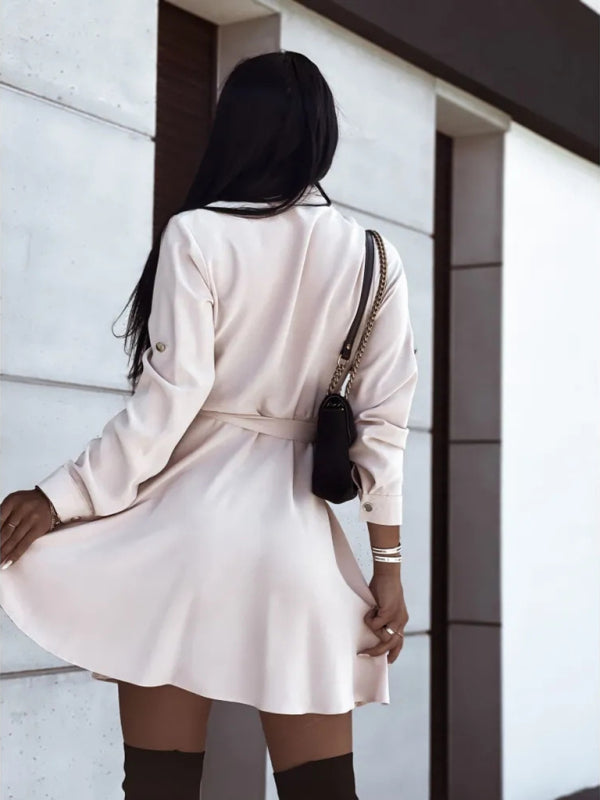 Europäisches und amerikanisches Damen-Hemdkleid mit Reversknopf und Krawatte 