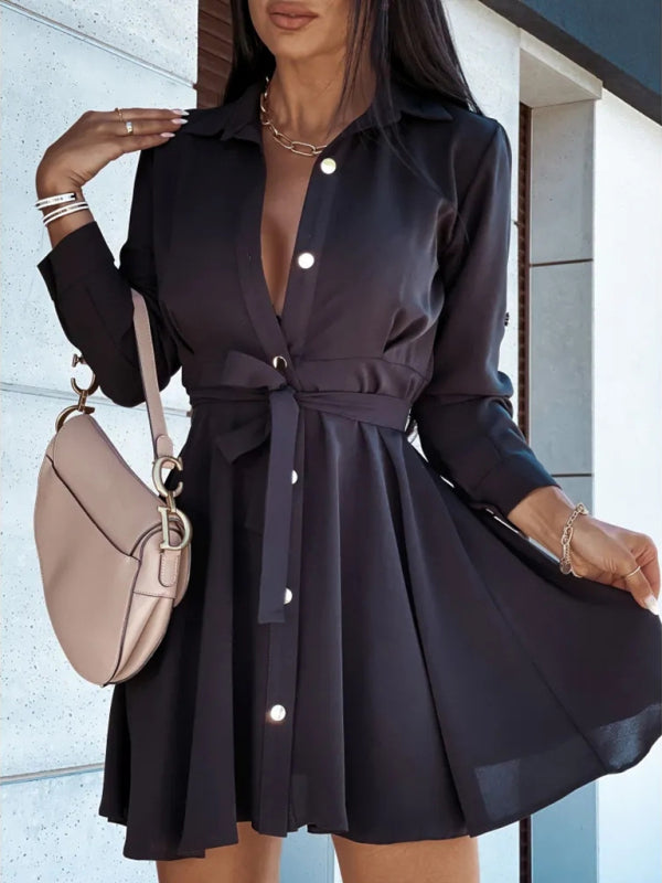 Europäisches und amerikanisches Damen-Hemdkleid mit Reversknopf und Krawatte 