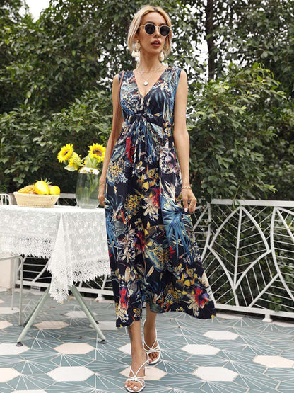 Robe de villégiature décontractée à manches courtes et à simple boutonnage imprimé à la taille 