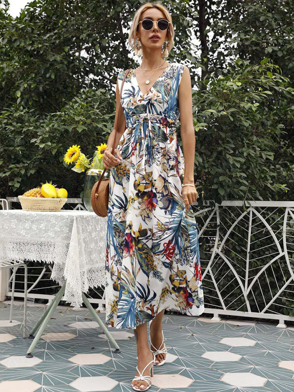 Robe de villégiature décontractée à manches courtes et à simple boutonnage imprimé à la taille 