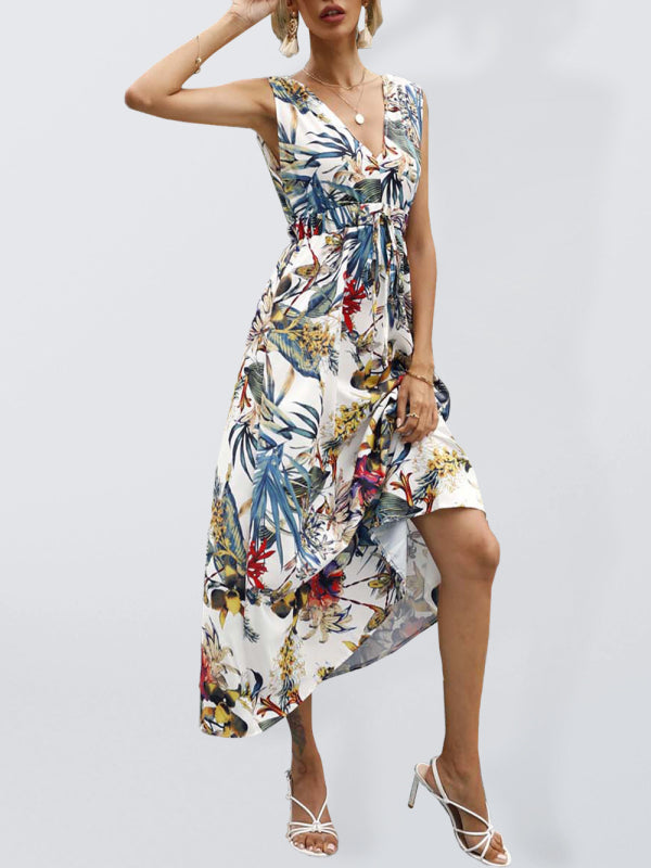 Robe de villégiature décontractée à manches courtes et à simple boutonnage imprimé à la taille 
