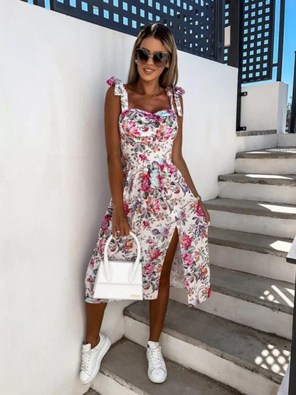 Elegant Floral Print Sleeveless Midi Dress