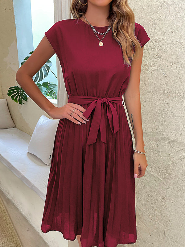 Robe midi plissée à manches courtes de couleur unie pour femmes 