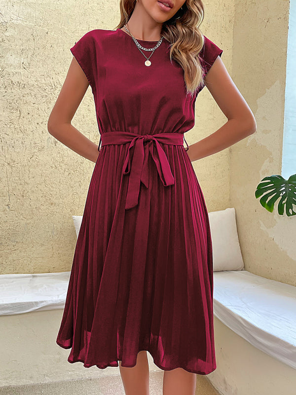 Robe midi plissée à manches courtes de couleur unie pour femmes 